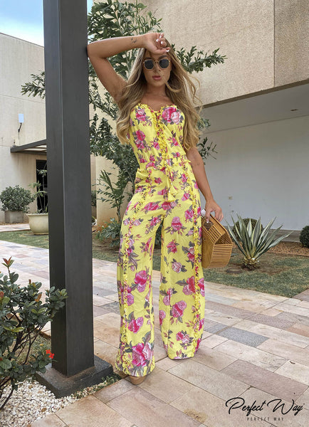 Yellow & Pink Print Long Jumpsuit