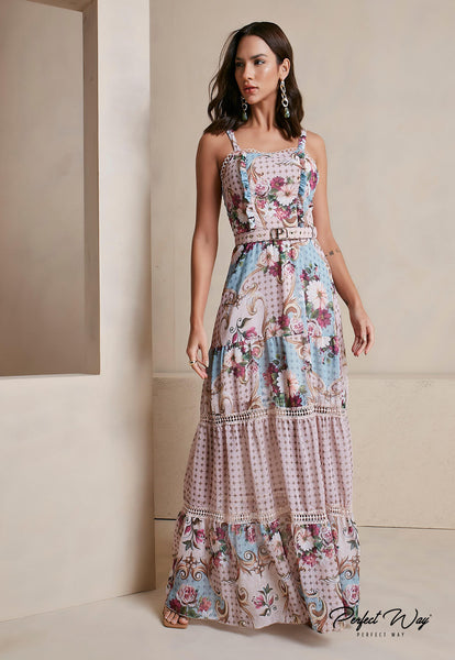 Nude & Green Print Long Dress
