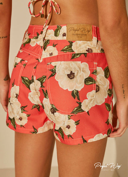 Red & Beige Print Twill Shorts