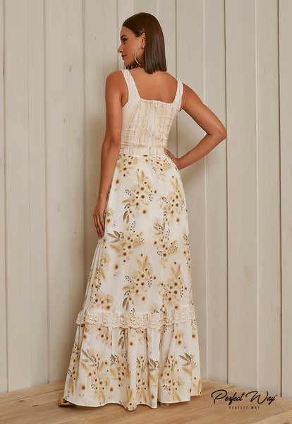 Yellow & Brown Print Cropped Top & Long Skirt Set