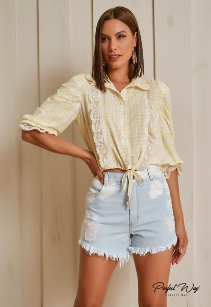 Yellow & Off-White Print Shirt with Guipure Detail