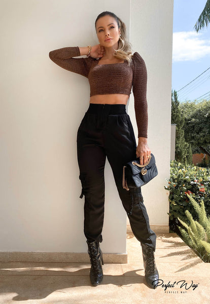 Black Straight-Cut Tailored Pants with Details