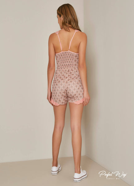 Salmon & Off-White Print Loungewear Romper