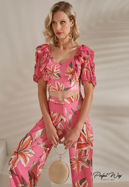 Pink & Orange Print Cropped Top with Details