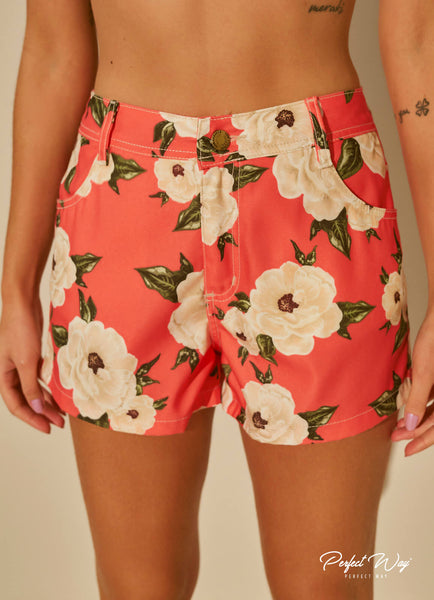 Red & Beige Print Twill Shorts
