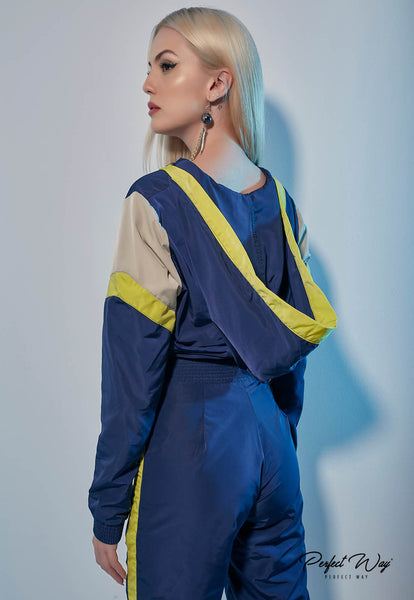 Blue & Yellow Two-Tone Jacket & Pants Set with Print