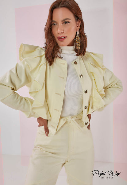 Yellow Cropped Twill Jacket with Buttons
