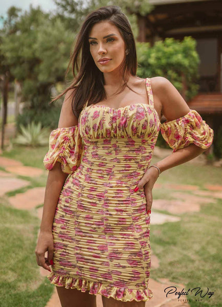 Yellow & Pink Floral Short Dress