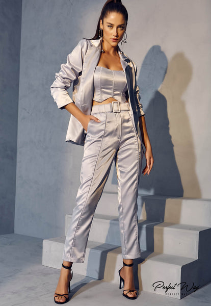 Gray Tailored Pants with High Waist & Belt