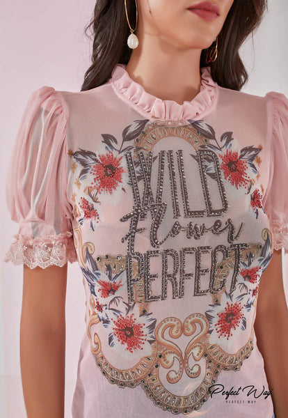 Pink Print T-Shirt with Heat-Applied Detail