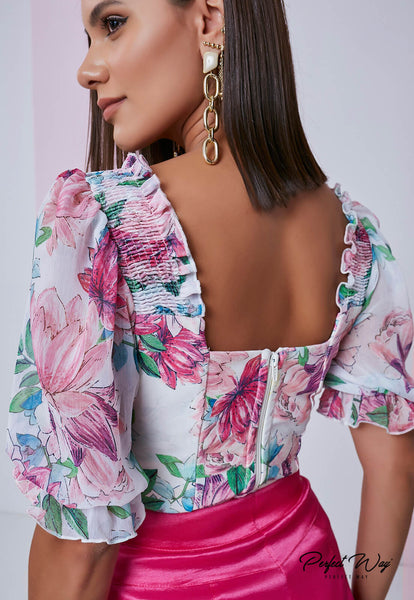 Off-White & Pink Print Blouse & Shorts Set