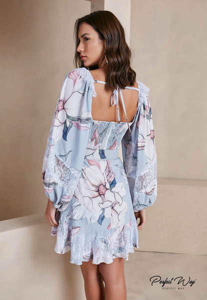 Gray & Off-White Print Dress with Belt