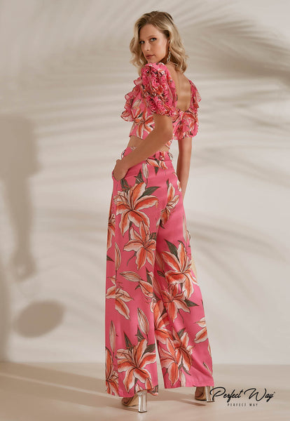 Pink & Orange Print Cropped Top with Details