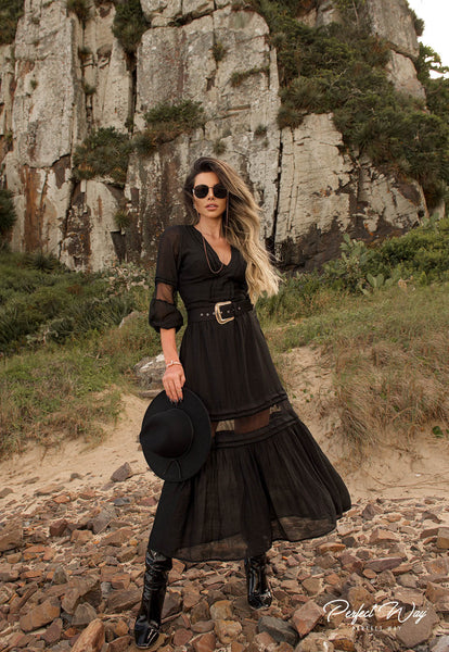 Black Chantilly Lace & Tulle Midi Dress with Belt