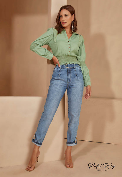 Light Green V-Neck Button Shirt
