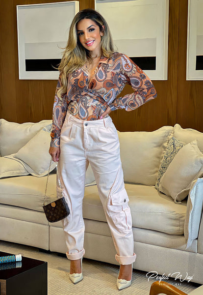 Orange & Brown Wrap-Front Print Bodysuit