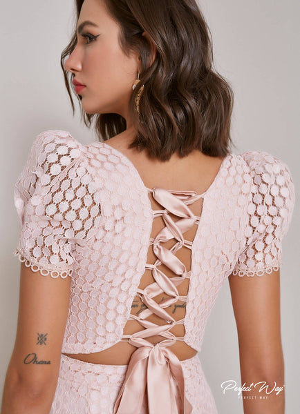 Nude Hand-Embroidered Lace Dress