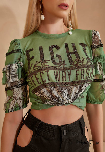Green Print T-Shirt with Heat Detail