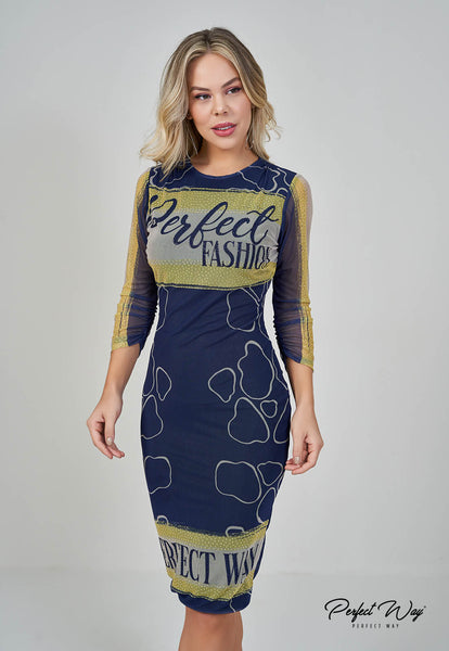 Blue & Yellow Print Midi Dress