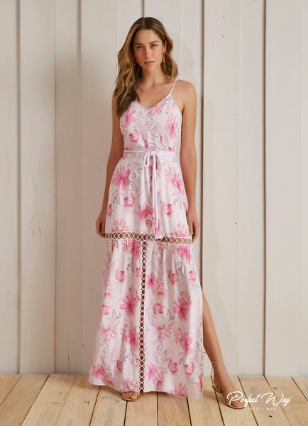 Pink Print Long Dress with Belt