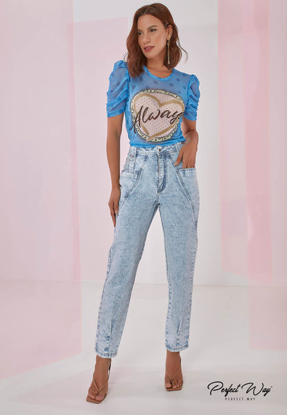 Blue Print T-Shirt with Trims & Heat Detail