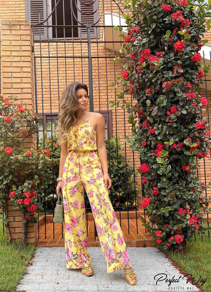 Yellow & Pink Print Long Jumpsuit