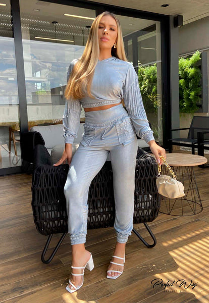 Blue Hooded Cropped Top & Pants Set with Details