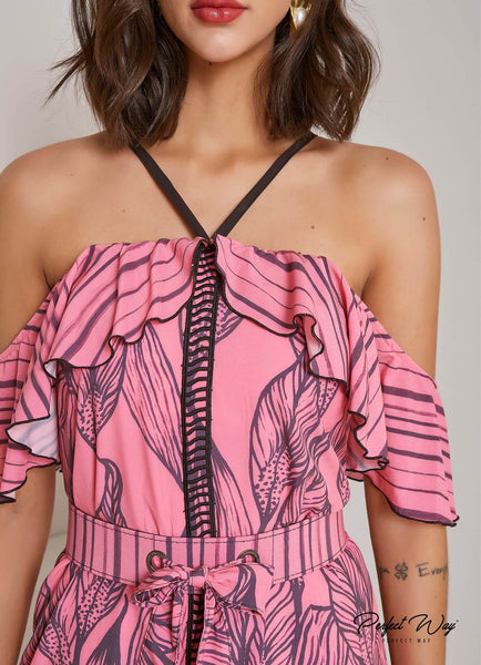 Pink & Black Print Loose Dress with Belt