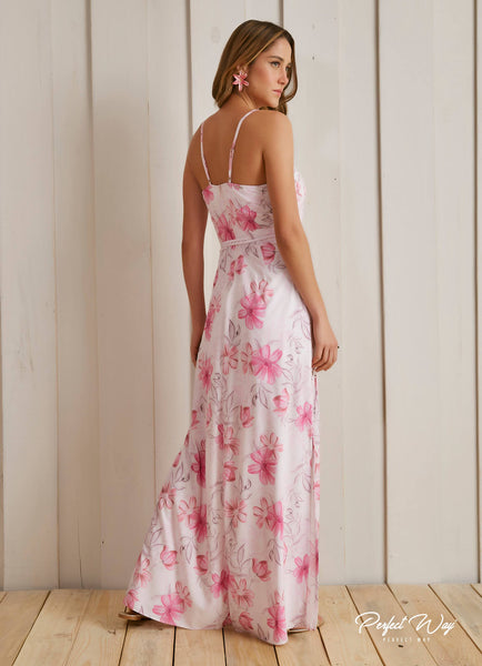 Pink Print Long Dress with Belt