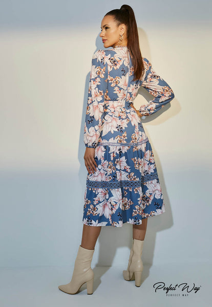 Blue & Off-White Print Midi Dress