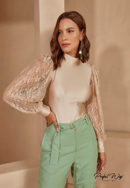 Beige Plain Bodysuit with Lace Sleeves
