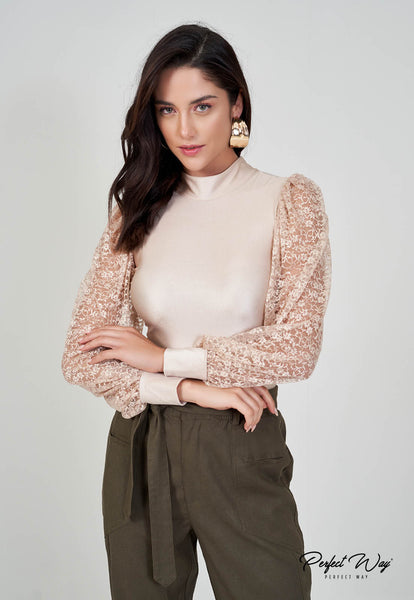 Beige Plain Bodysuit with Lace Sleeves