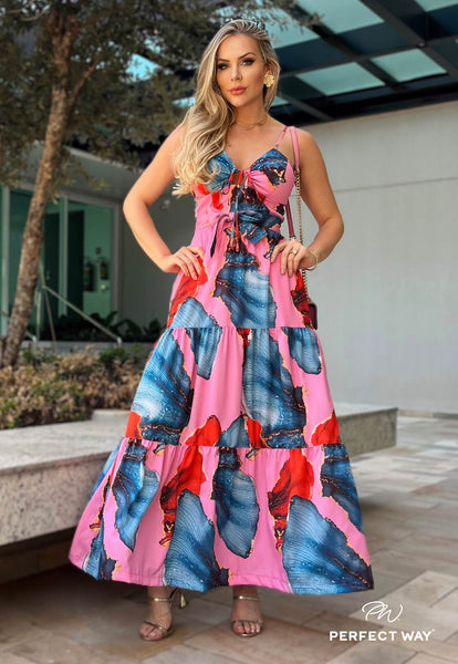 Pink & Blue Print Long Dress