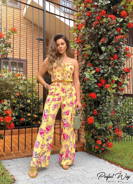 Yellow & Pink Print Long Jumpsuit