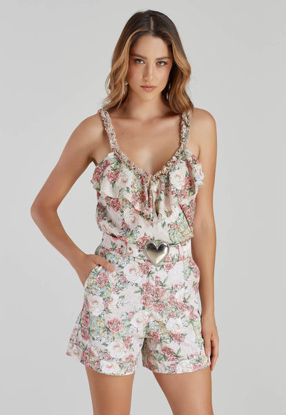 Beige & Green Print Blouse & Shorts Set
