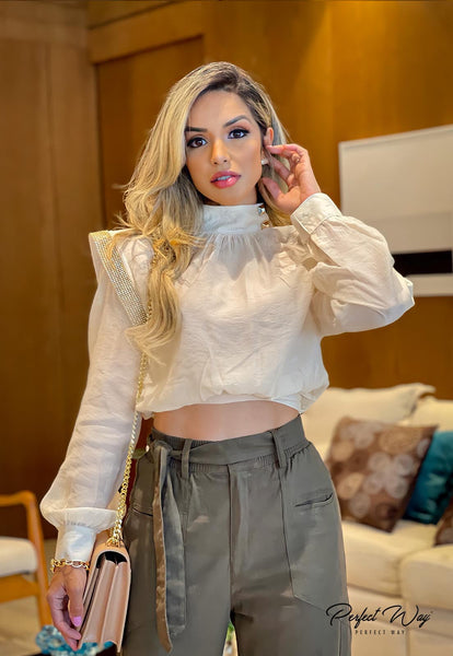 Beige Blouse with Shoulder Pads & Heat Detail