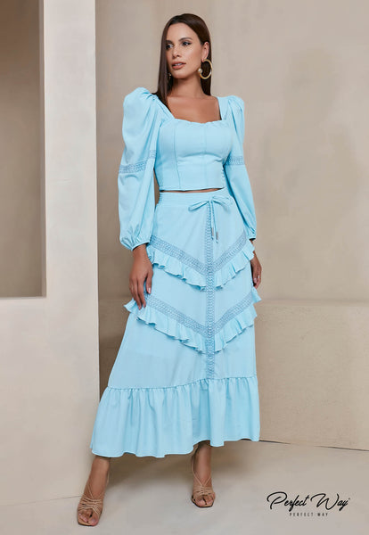Blue Cropped Top & Midi Skirt Set