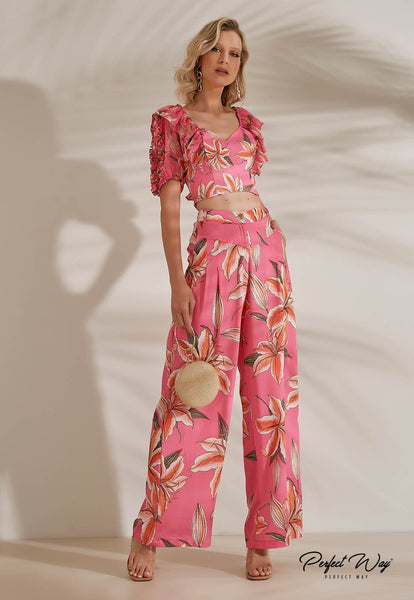 Pink & Orange Print Cropped Top with Details
