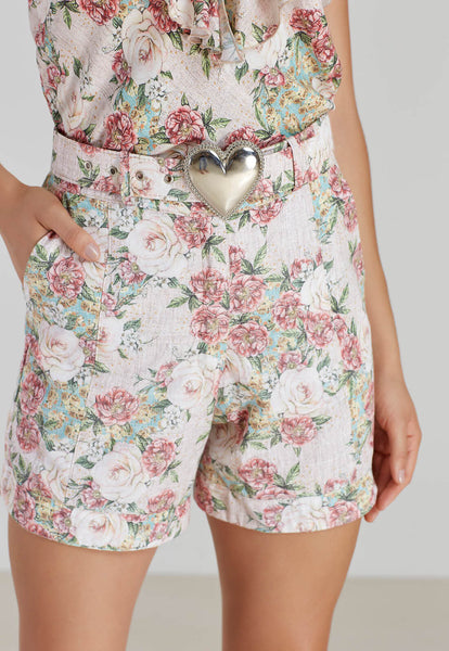 Beige & Green Print Blouse & Shorts Set