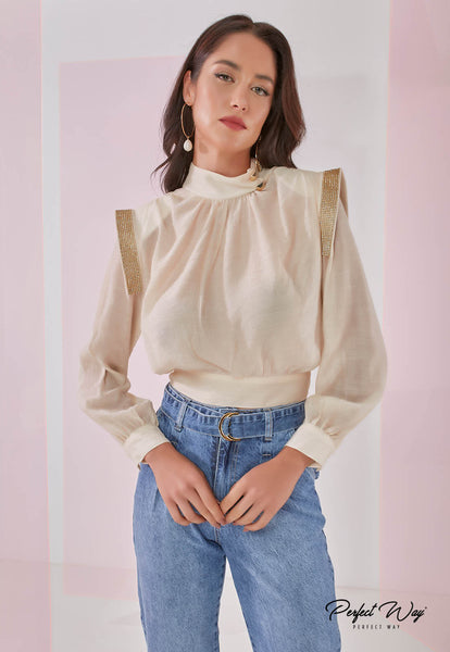 Beige Blouse with Shoulder Pads & Heat Detail