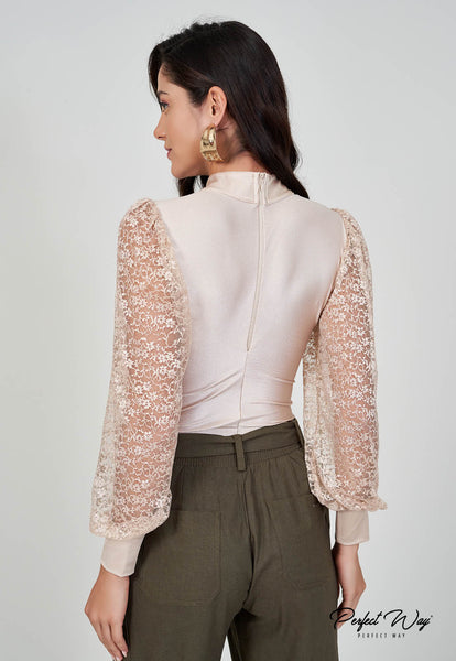Beige Plain Bodysuit with Lace Sleeves