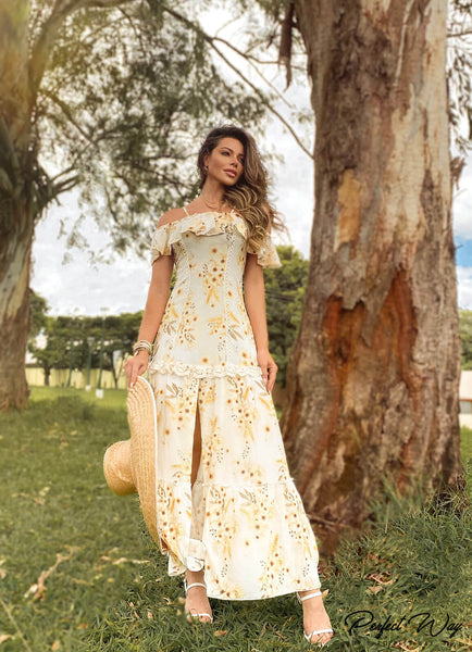 Yellow & Brown Print Mullet Midi Dress with Belt