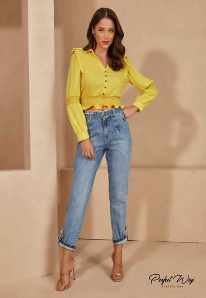 Yellow V-Neck Button Shirt