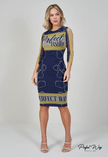 Blue & Yellow Print Midi Dress