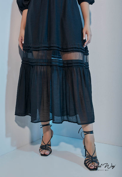 Black Chantilly Lace & Tulle Midi Dress with Belt