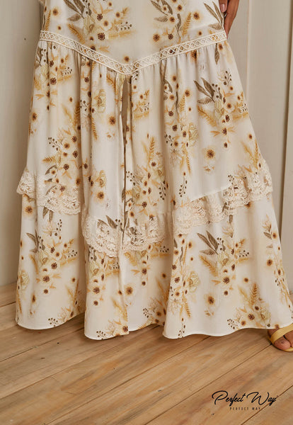 Yellow & Brown Print Cropped Top & Long Skirt Set