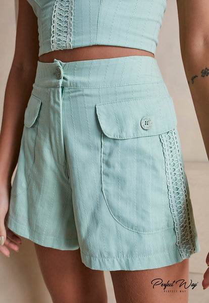 Light Green Linen Cropped Top & Guipure Shorts Set