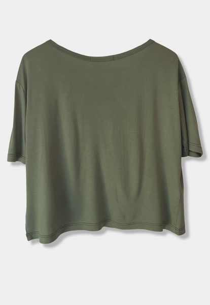 Embroidered Army Green Crop T-Shirt
