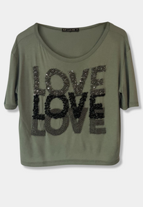 Embroidered Army Green Crop T-Shirt