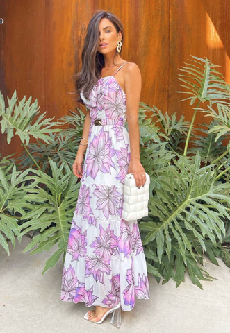 Vestido maxi estampado floral lilás